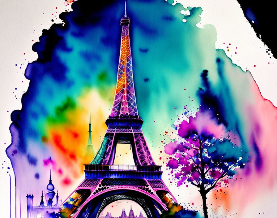 Colorful Watercolor Illustration of Eiffel Tower in Dreamlike Paris Scene