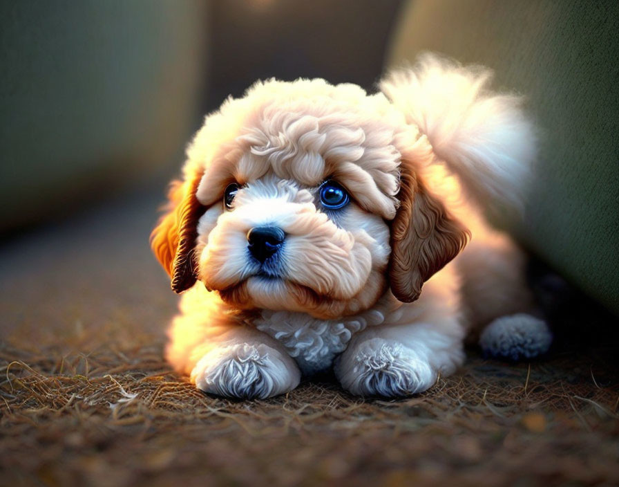 Fluffy Tan-and-White Puppy with Blue Eyes on Textured Rug Near Green Couch