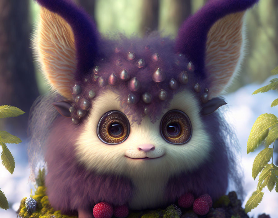 Whimsical creature with brown eyes and purple ears in forest setting