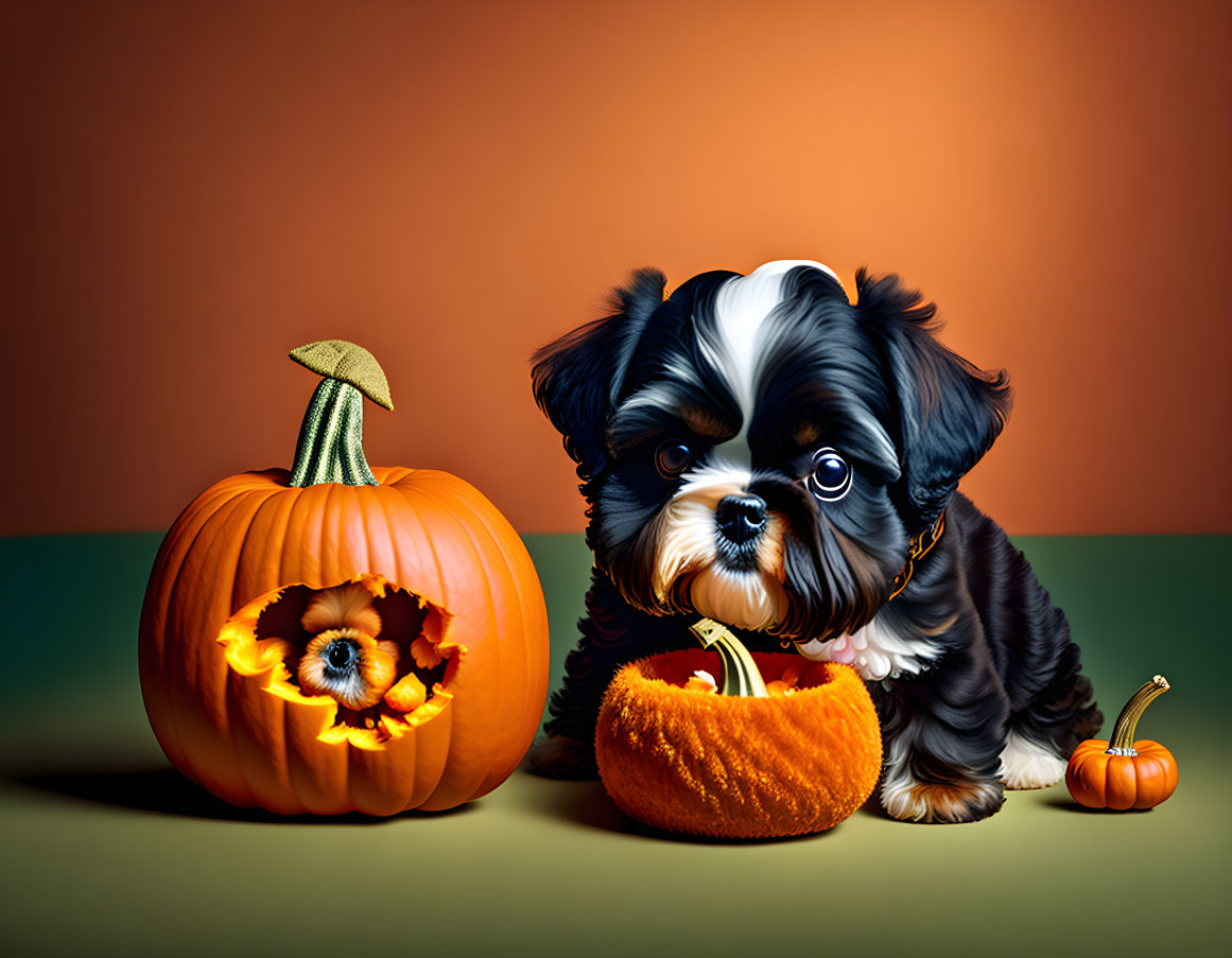 Black and White Puppy with Carved Pumpkin and Kitten on Orange Background