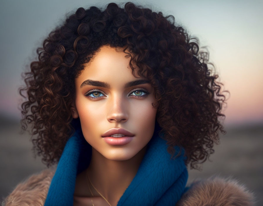 Digital Portrait of Woman with Curly Hair and Blue Eyes Against Sunset Background