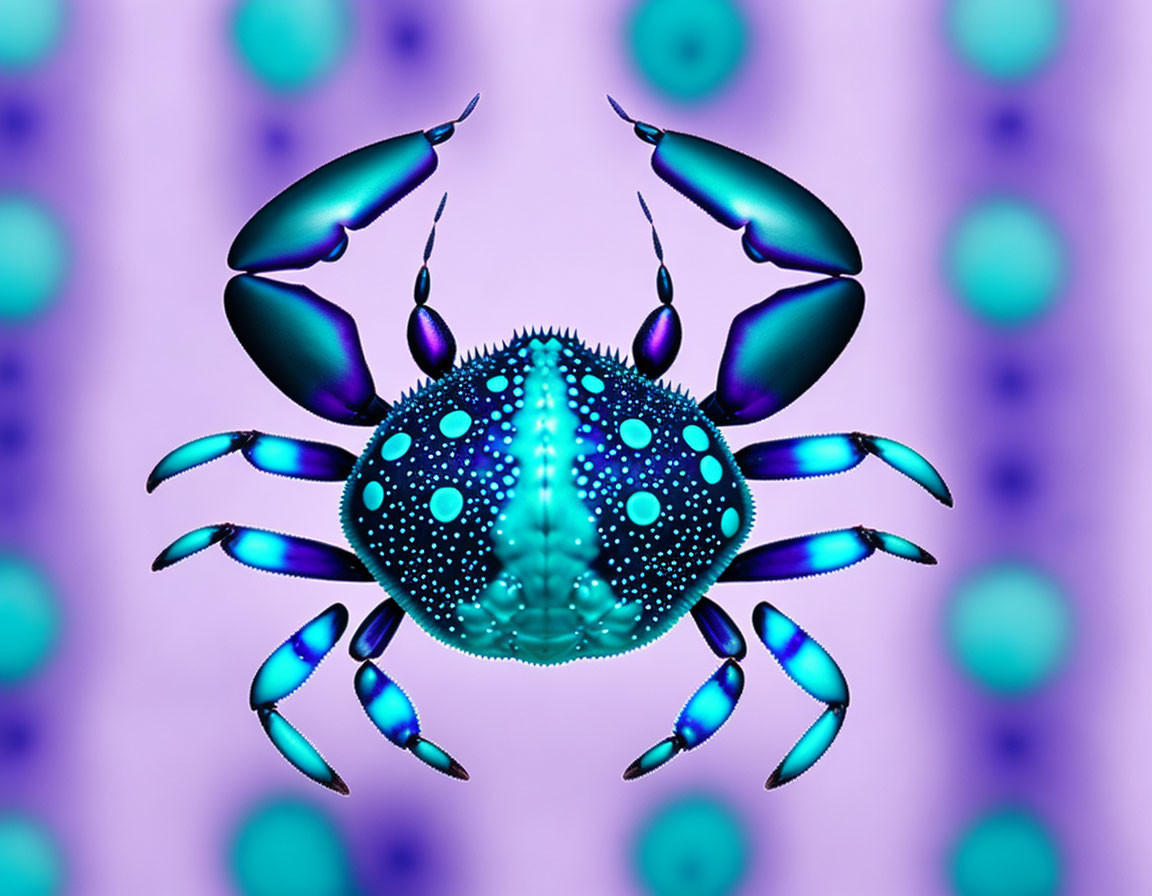 Iridescent Blue Crab with Symmetrical Patterns on Purple Background