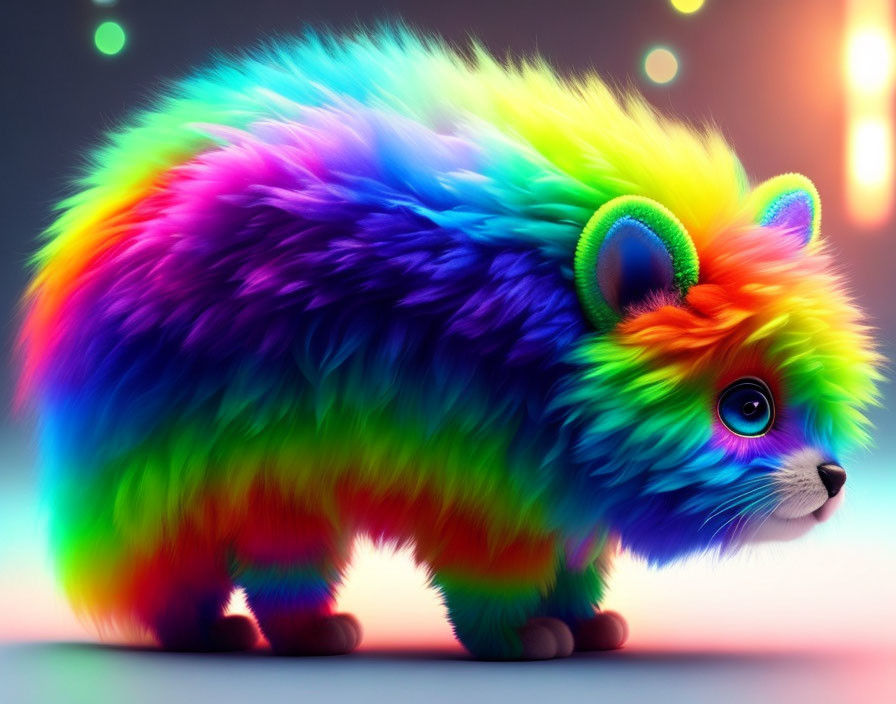 Colorful Fluffy Cat-Like Creature with Neon Highlights
