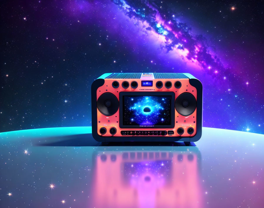 Colorful boombox floating against cosmic backdrop with purple and blue hues