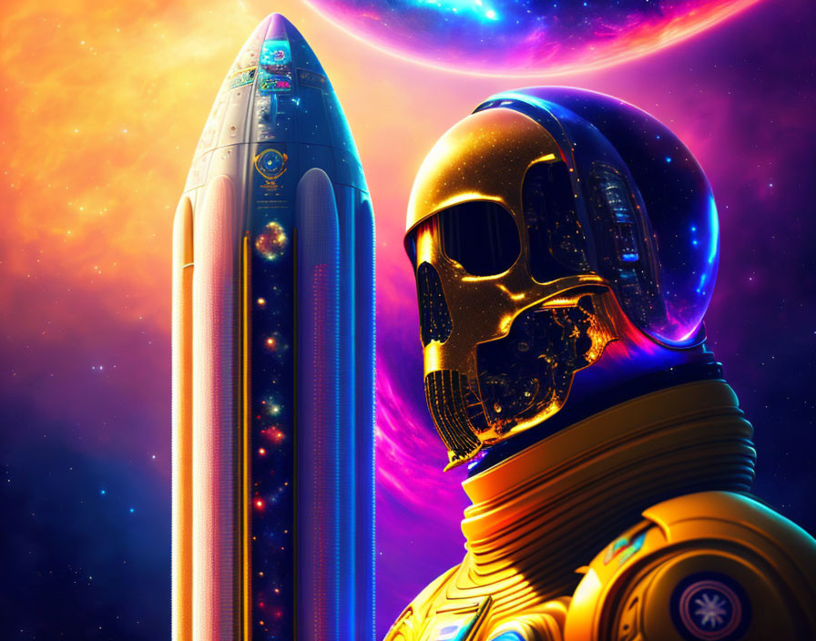 Golden astronaut helmet and rocket in cosmic digital art.
