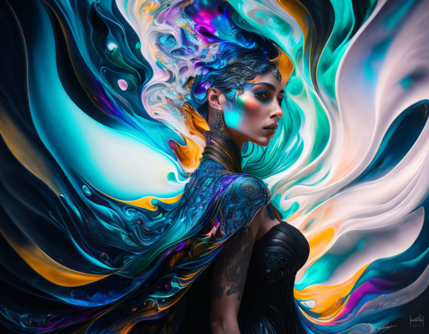 Digital artwork: Woman with intricate body art in swirling, iridescent psychedelic patterns