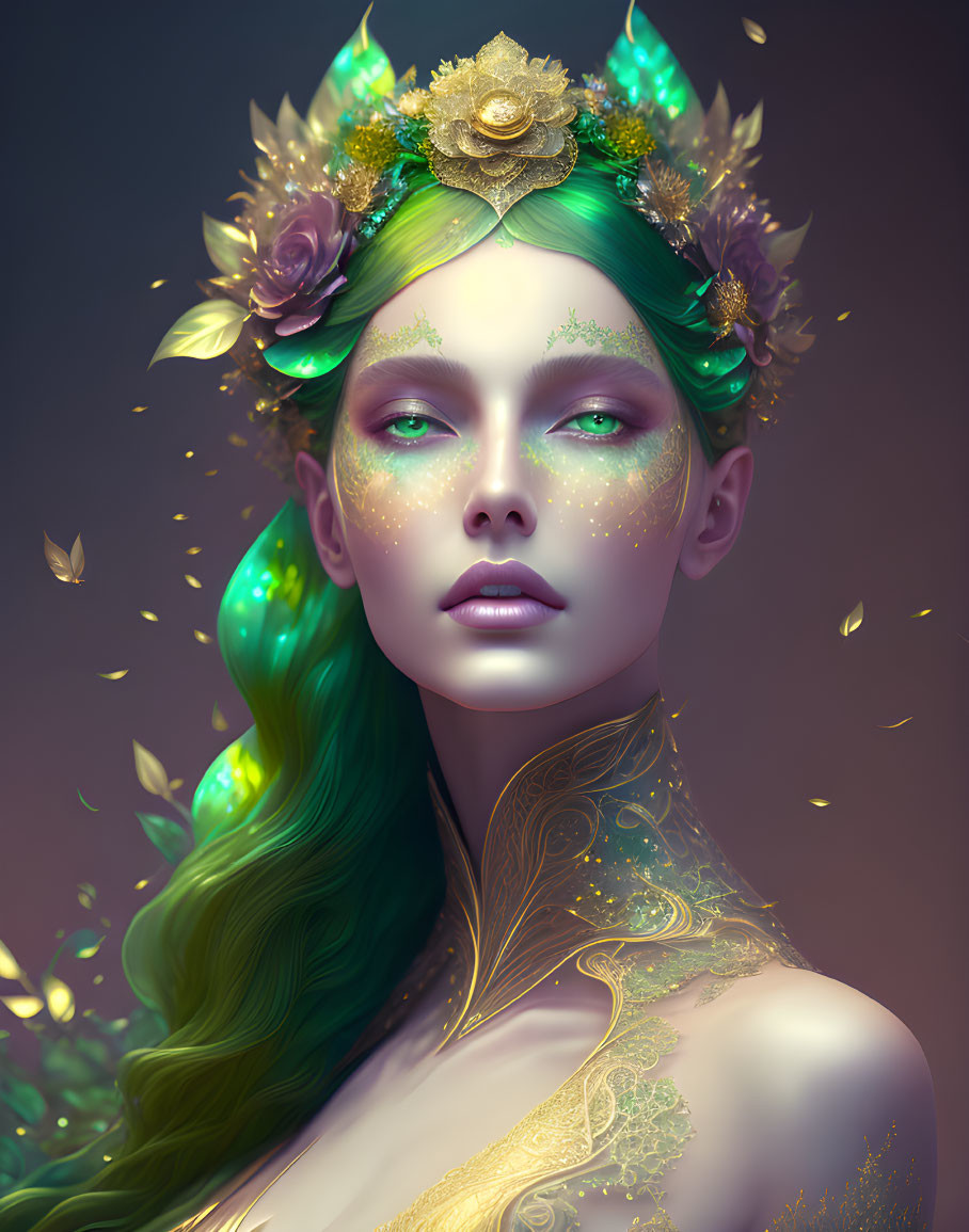 Fantasy figure digital portrait with green hair, floral crown, golden accents, sparkles, and neck