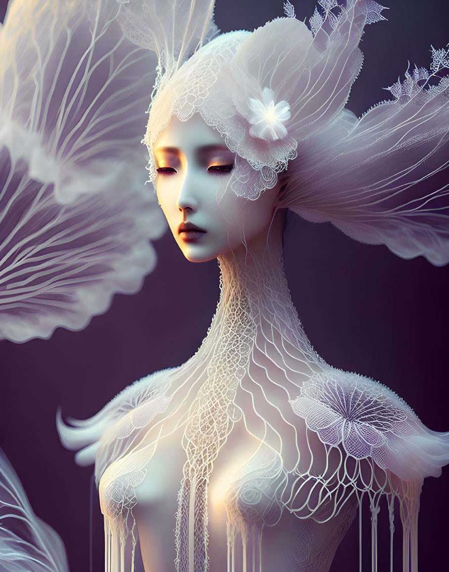 Ethereal digital artwork of a woman with lace and feather details