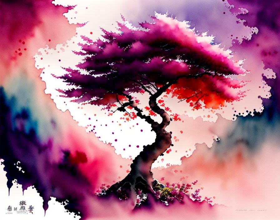 Colorful watercolor painting of windswept tree with purple and pink canopy and splattered ink details