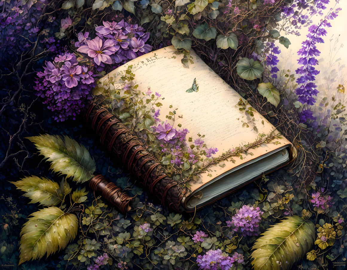 Open book with butterfly in lush foliage setting