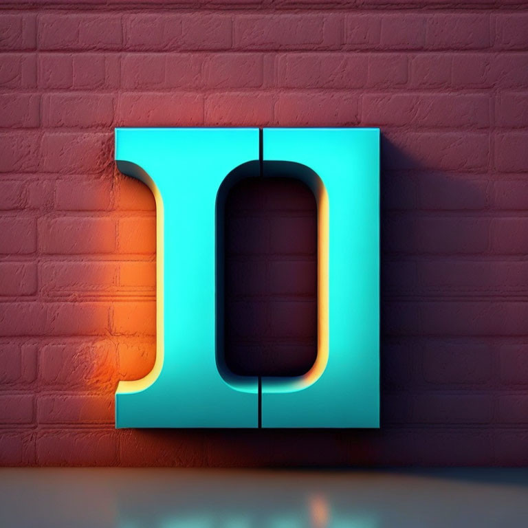 Neon blue letter "D" split by mouse icon on red brick wall