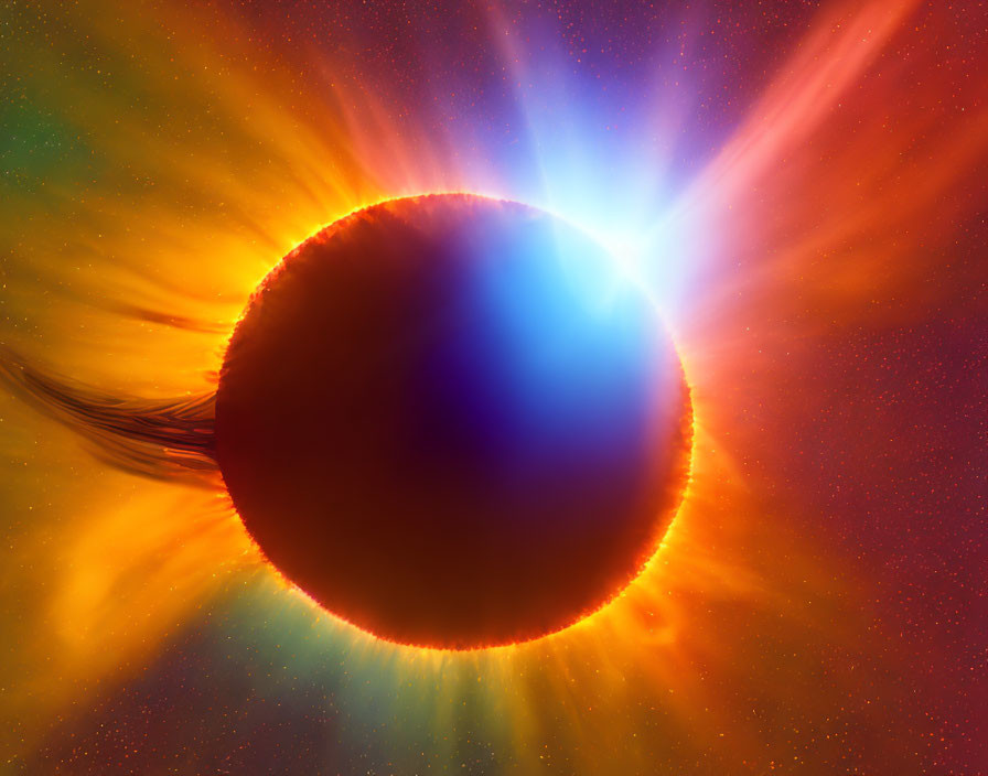 Star illuminating planet with fiery corona and solar winds in space