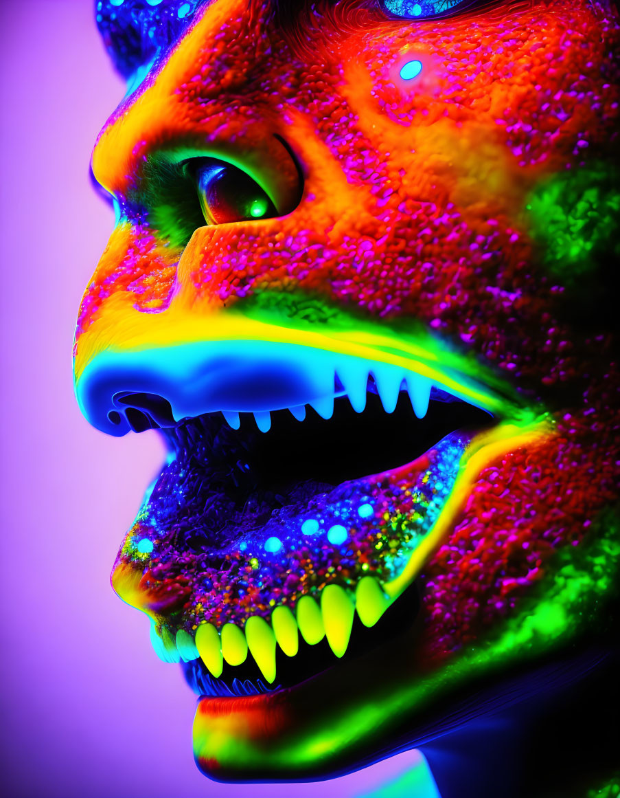 Vivid Neon Close-Up of Fantastical Creature's Face
