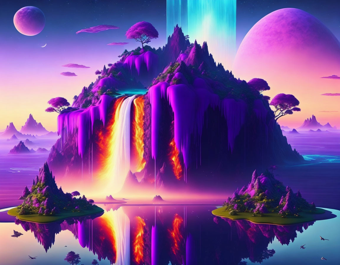 Fantasy landscape with glowing waterfalls, floating islands, and purple trees