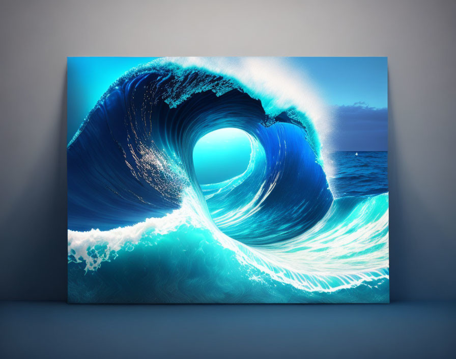 Large Blue Wave Canvas Print Displayed on Wall