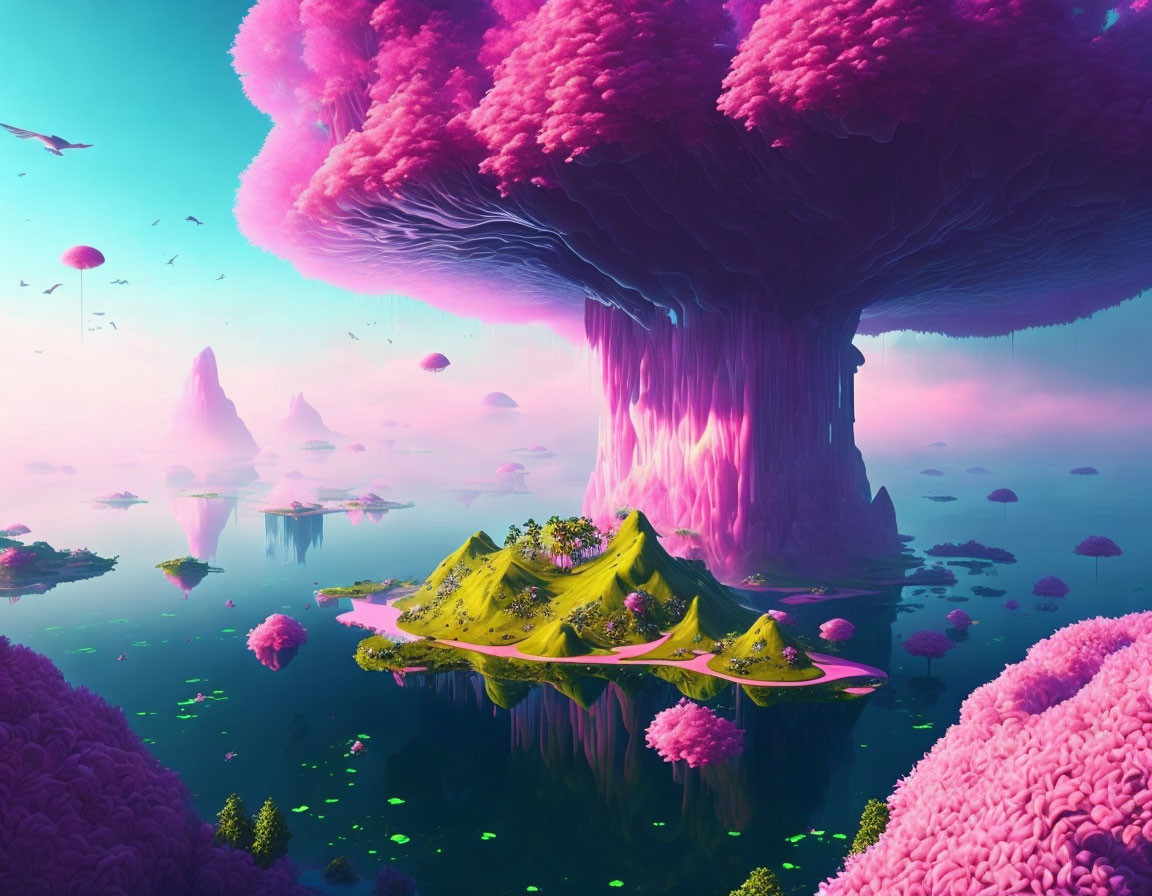 Fantasy landscape with pink tree, floating islands, waterfalls, and pink clouds