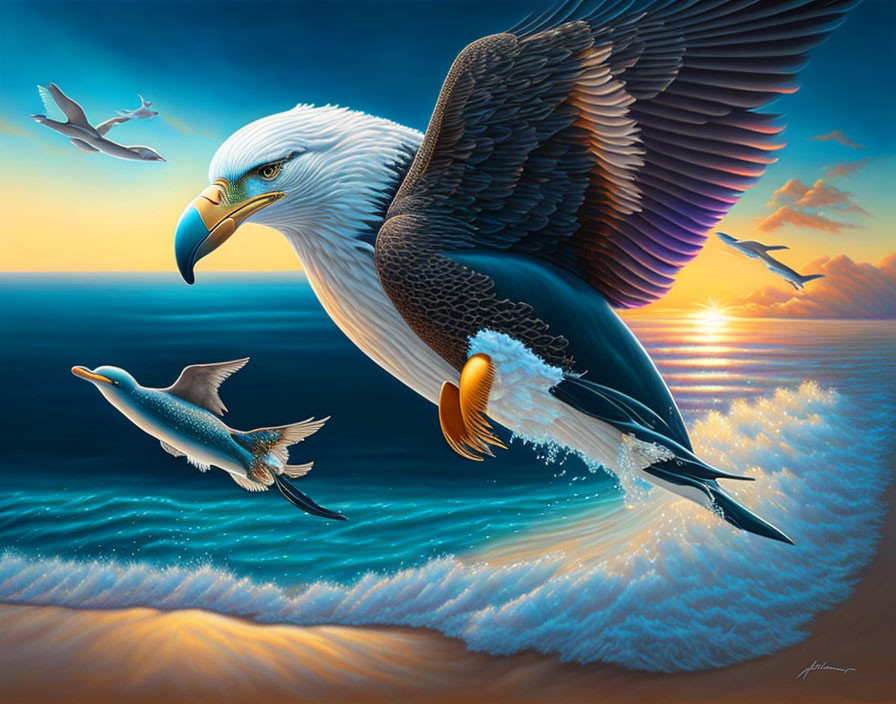 Majestic eagle flying above ocean waves at sunset with flying fish and seagulls