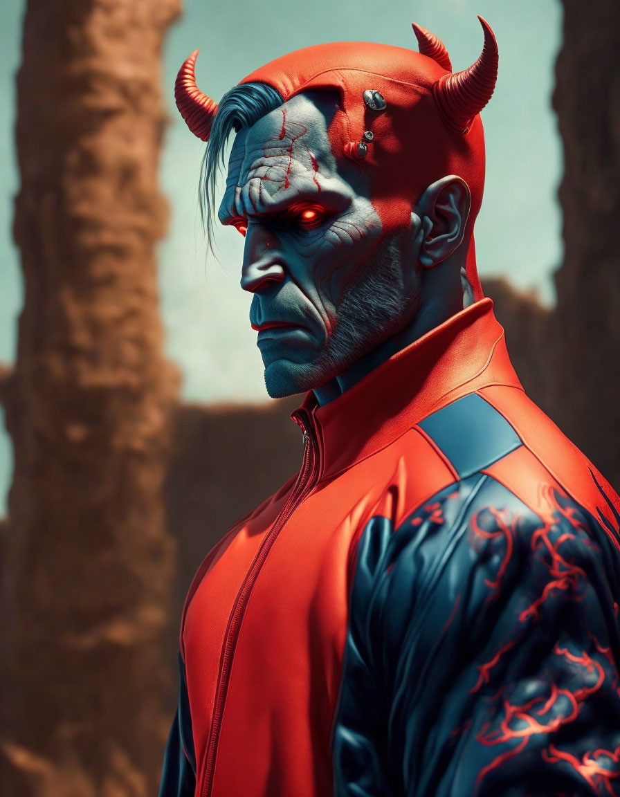 Intense demon-like face paint on person in red and blue clothing against natural backdrop
