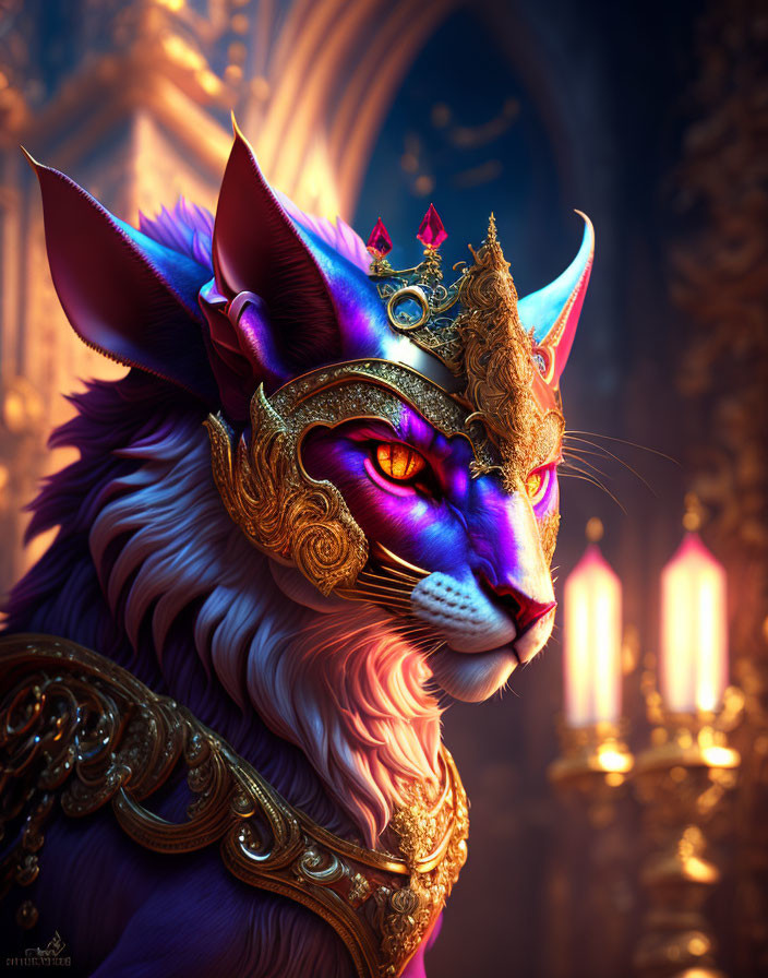 Majestic lion-headed fantasy creature with golden mask and crown in gothic setting