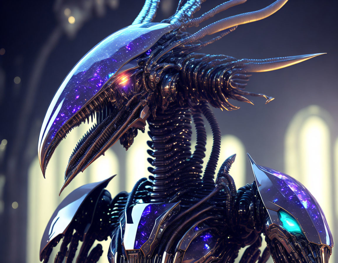 Detailed Alien Creature with Glossy Exoskeleton and Purple Accents in Futuristic Setting