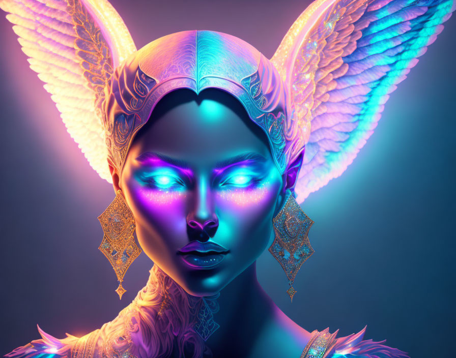 Digital Artwork of Woman with Glowing Skin, Golden Headgear, and Feathered Wings