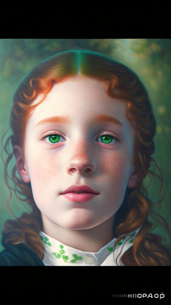 Young girl with curly red hair and green eyes in green outfit against soft-focused background