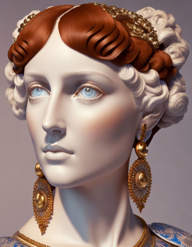 Digital artwork: Woman with stylized hair, pearl headband, gold earrings, and blue eyes portraying
