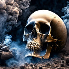 Golden Skull with Blue Smoke and Barrels in Ethereal Setting
