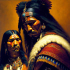 Native American men in traditional attire with feathered headdresses and beaded jewelry against warm backdrop