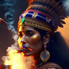 Woman in ornate headdress smoking pipe with dramatic lighting and jewelry.
