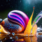 Colorful Snail Artwork with Water Droplets on Dark Background