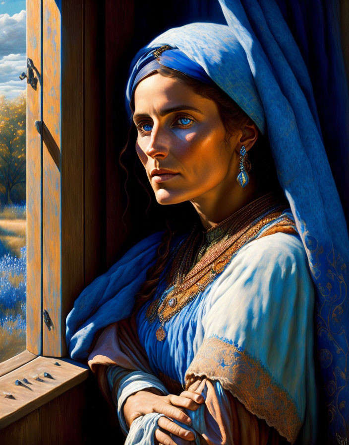 Portrait of woman with blue eyes and headscarf by window with sunlit landscape.