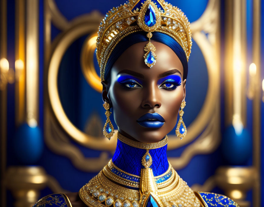 Regal digital portrait of woman with blue skin and golden headpiece