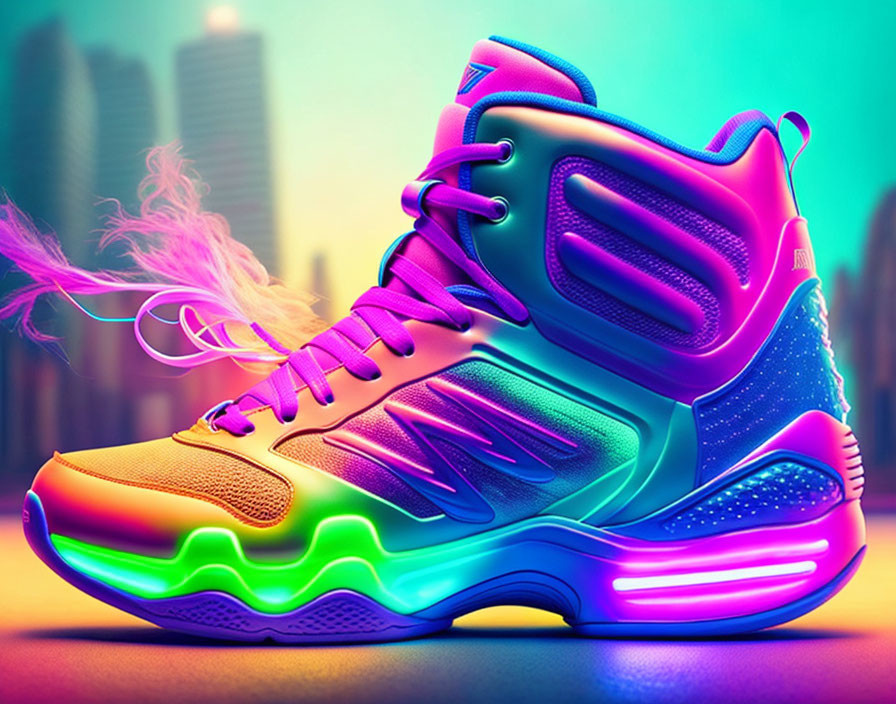 Neon Pink and Blue Futuristic Sneaker Against Colorful Cityscape