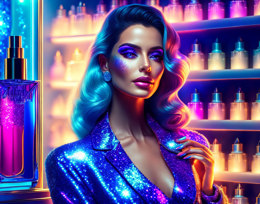 Colorful digital artwork of woman in blue makeup and attire with perfume bottles on neon-lit shelf
