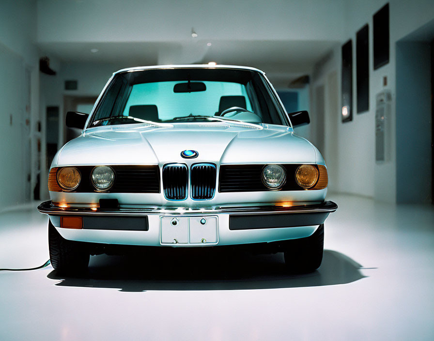 Vintage BMW Car with Kidney Grille and Charging Cable Displayed in Bright Lighting