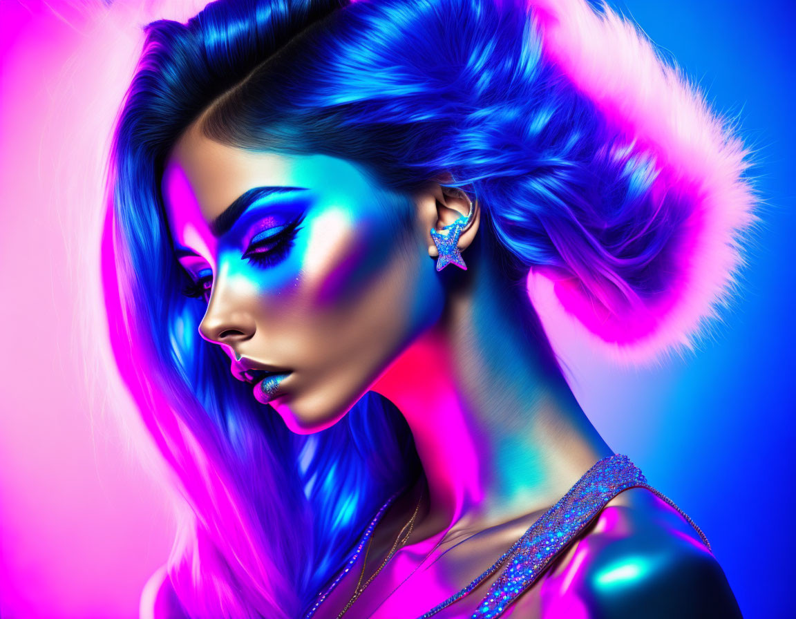 Colorful portrait of woman with blue hair and makeup under neon lights