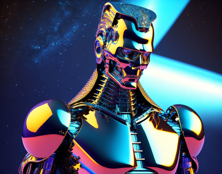Futuristic metallic humanoid robot with golden and black finish and blue neon light