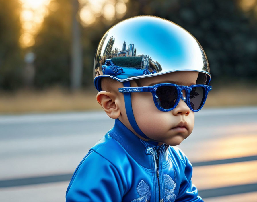 Toddler in Blue Helmet and Sunglasses Reflecting Trees and Buildings