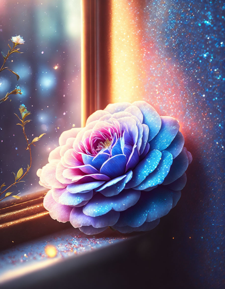 Colorful rose in twilight window scene with glowing petals.