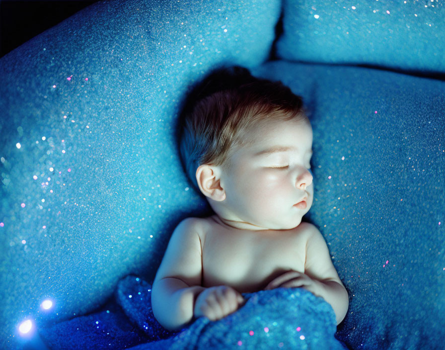 Sleeping infant on blue surface with sparkling lights creating dreamlike, starry effect