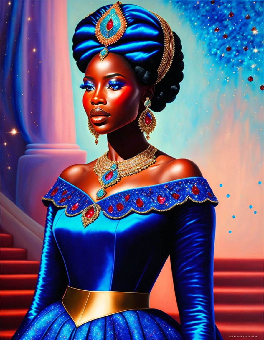 Stylized woman in regal blue and gold outfit on red staircase
