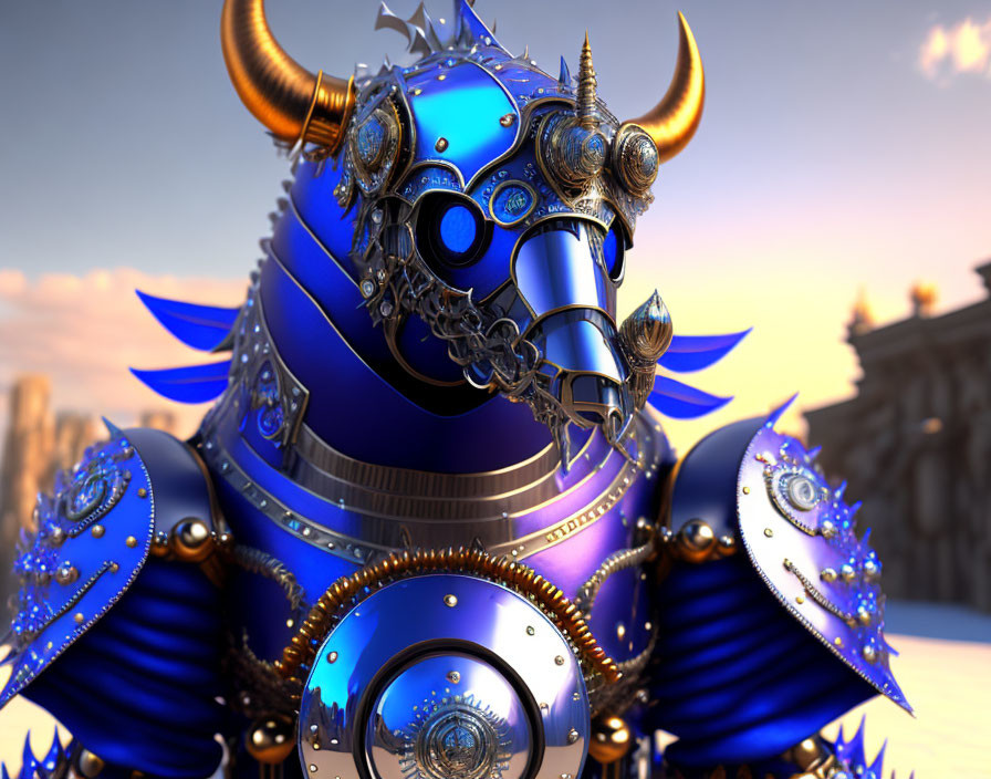 Detailed digital fantasy artwork: Armored knight in blue and gold armor with mechanical elements, against sunset.