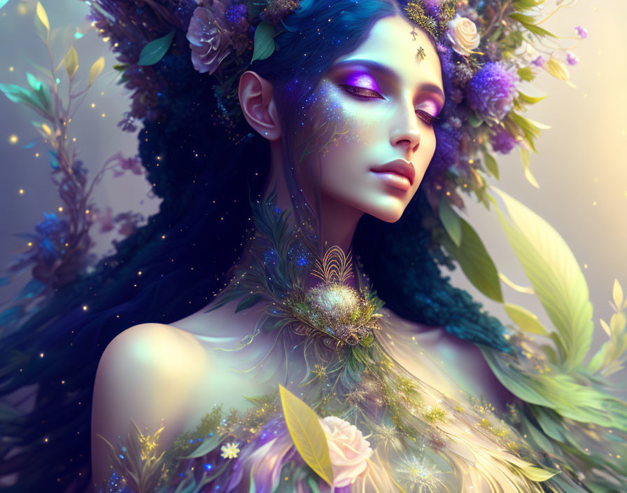 Ethereal woman with floral crown in nature setting