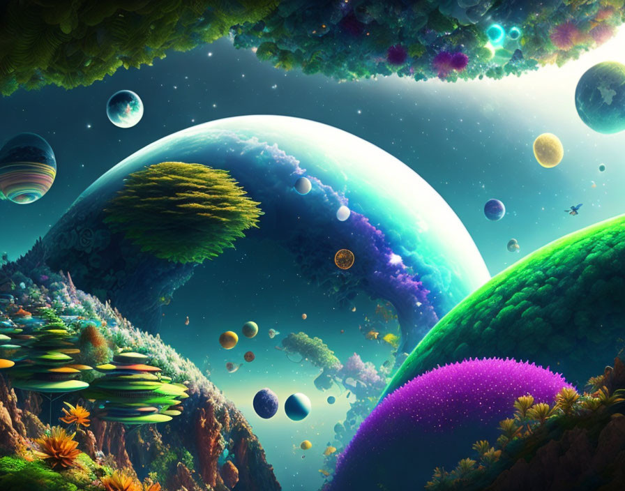 Colorful Digital Artwork of Fantastical Space Scene with Green Planet-like Structures