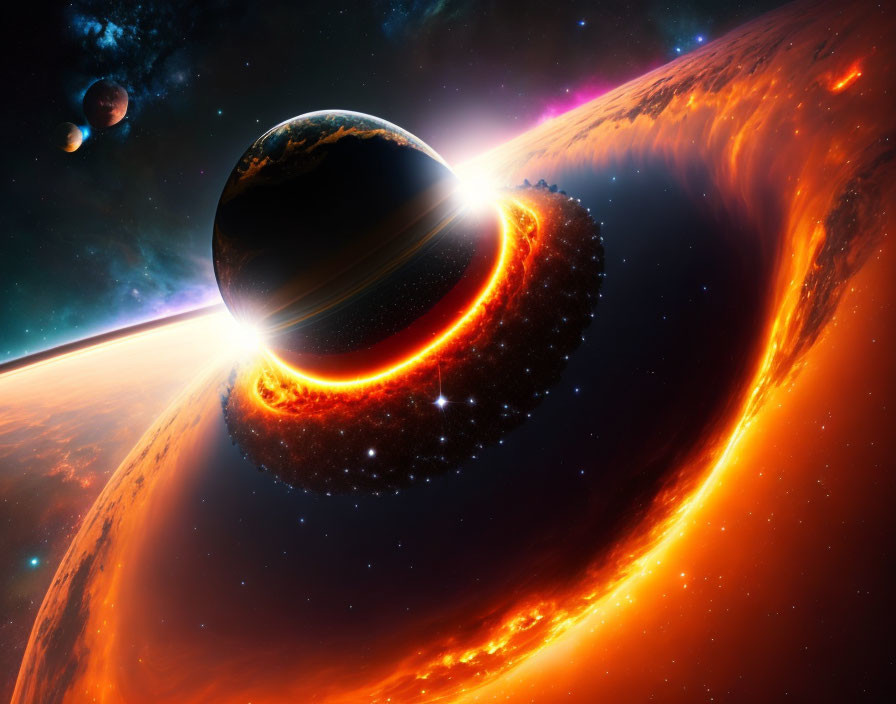 Colorful Space Scene with Sun-Lit Planet, Glowing Ring, and Moons