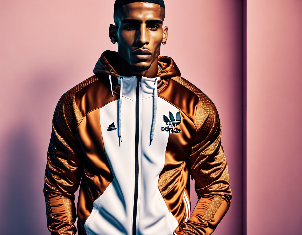 Stylish man in Adidas jacket with bronze and white design on pink background