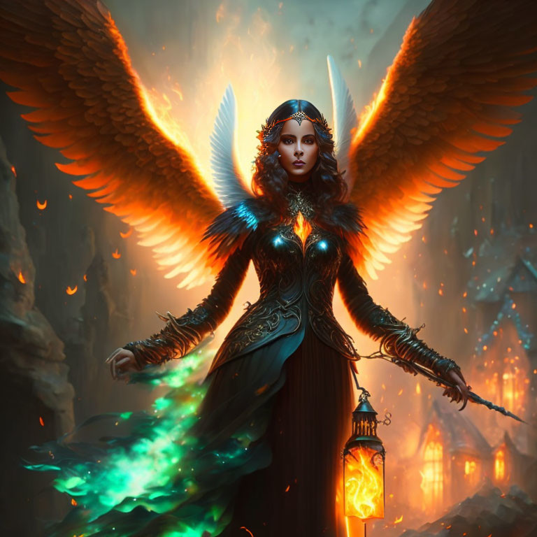 Regal figure with angel wings in mystical fiery forest with lantern