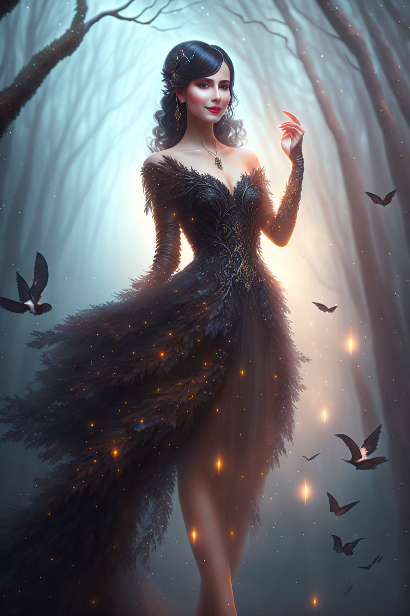 Elegant woman in black feathered gown in ethereal forest with birds and glowing lights