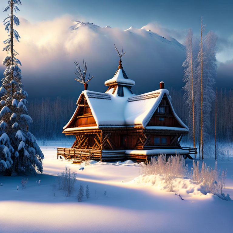 Winter in Siberia, Taiga, and hunting lodge, 